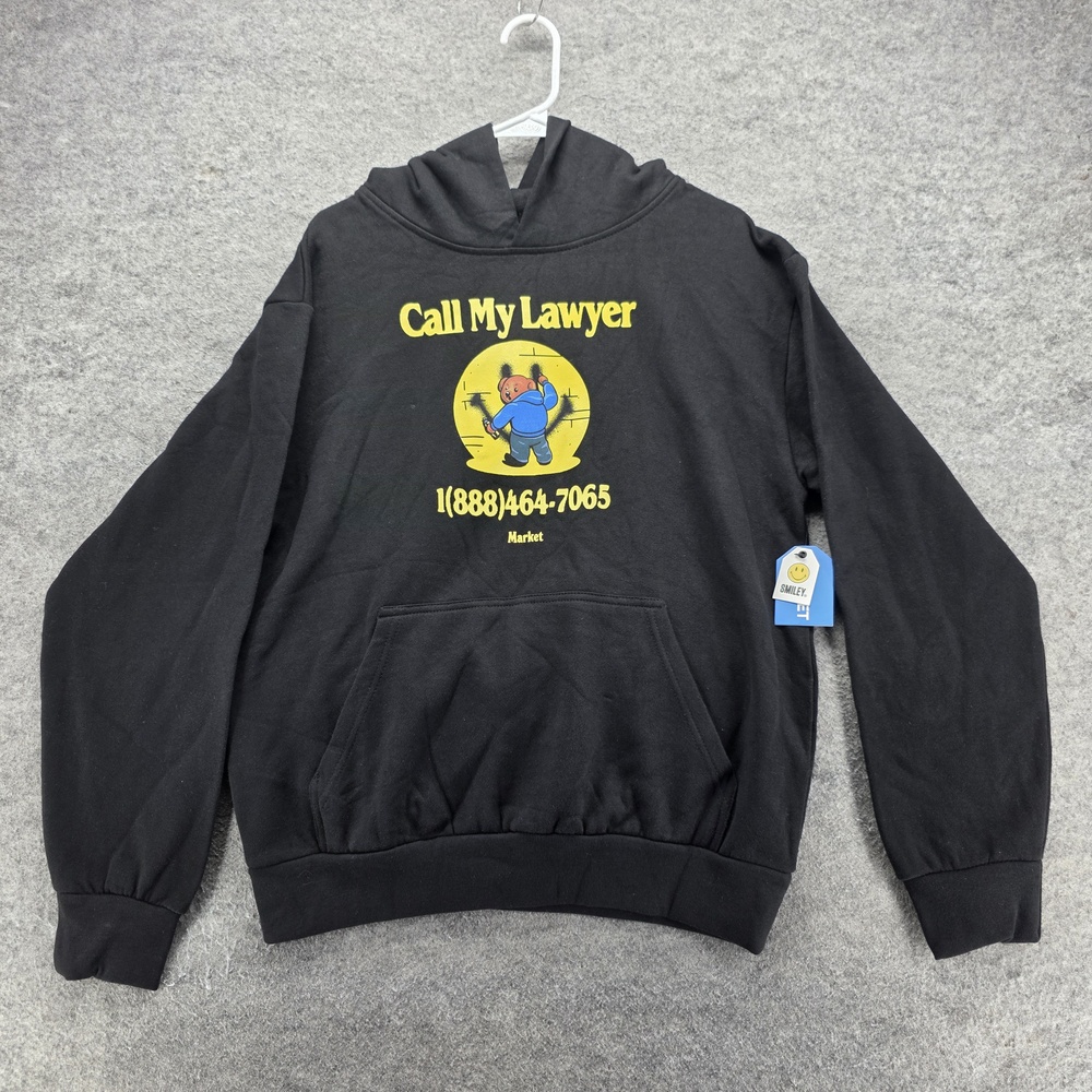 Market Hoodie Mens M Black Pullover Hooded Call My Lawyer Bear Fleece Graphic
